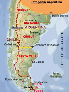 Karte mit den heutigen Staaten Chile und
Argentinien und den argentinischen Provinzen Neuquén,
Río Negro, Chbut, Santa Cruz und Feuerland Karte mit den heutigen Staaten
Chile und Argentinien und den argentinischen Provinzen
Neuquén, Río Negro, Chbut, Santa Cruz und Feuerland