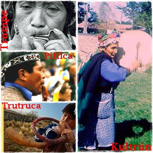 Instrumentos de música de los Mapuches: trompe,
pifilca (flauta de pipa), trutruca (corneta de posta),
kultrún (tambor) Instrumentos de música de los
Mapuches: trompe, pifilca (flauta de pipa), trutruca
(corneta de posta), kultrún (tambor)