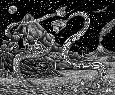 El mar sube hasta las cumbres con los
                      serpientes Trentren y Caicai