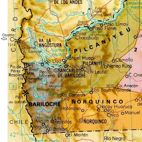 Karte der
                      Donnerberg-Region mit dem Donnerberg (Monte
                      Tronador, 3478 m) zwischen dem Huapi-See und dem
                      Mascardi-See