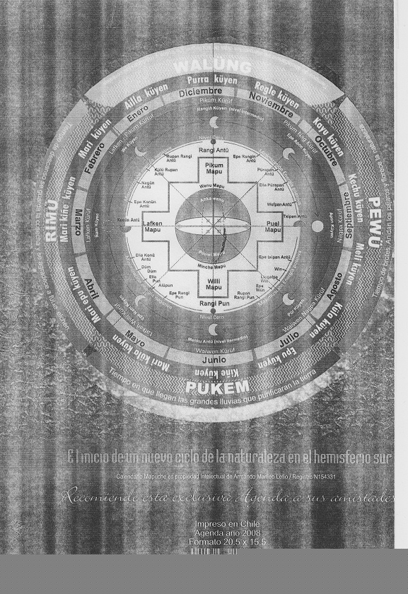 Portada del libro "Agenda mapuche
                            2008" con un calendario mapuche con el
                            ciclo del a�o