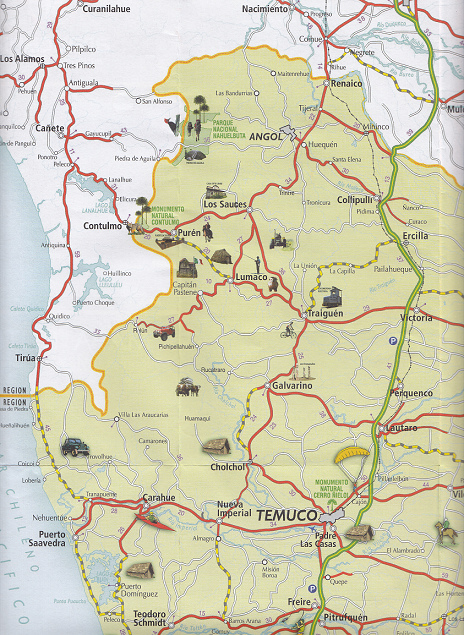 Mapa con Temuco y Ercilla