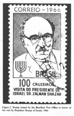 Encyclopaedia Judaica (1971): Brazil, vol.4,
                  col.1332, stamp remembering the visit of President
                  Shazar from Israel, 1966