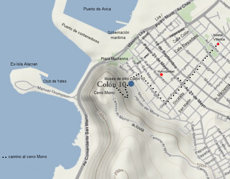 Mapa de
                      Arica con el centro, el sitio del "Museo
                      Coln" (museo de sitio Colon 10), y con el
                      camino al cerro Morro