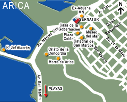 Mapa
                          de Arica con el centro y con el cerro Morro