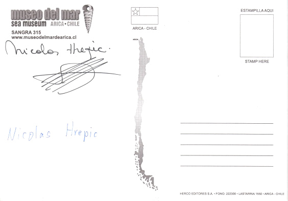 Tarjeta postal,
                        revs con la firma de Nicolas Hrepic (2010)
