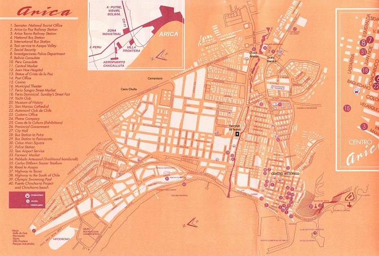 Mapa de Arica con el terminal de buses en
                          el cruce de la avenida Portales con la avenida
                          Azola