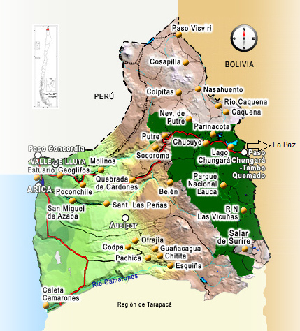 Karte der 15. Region Chiles
                            (Arica und Parinacota) mit Arica, Putre und
                            Parinacota [5]