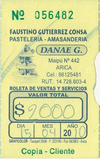 Boleto de una
                      pasteler�a y amasander�a "Danae G."