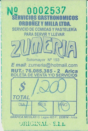 Quittung des
                      Restaurants "Zumeria"