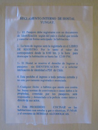 Das Reglement des Hostals Yungay