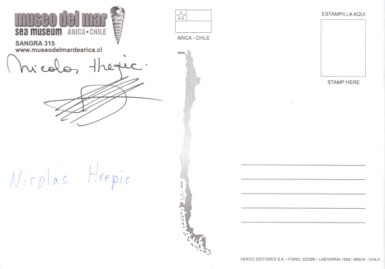 Tarjeta postal,
                        rev�s con la firma de Nicolas Hrepic (2010)