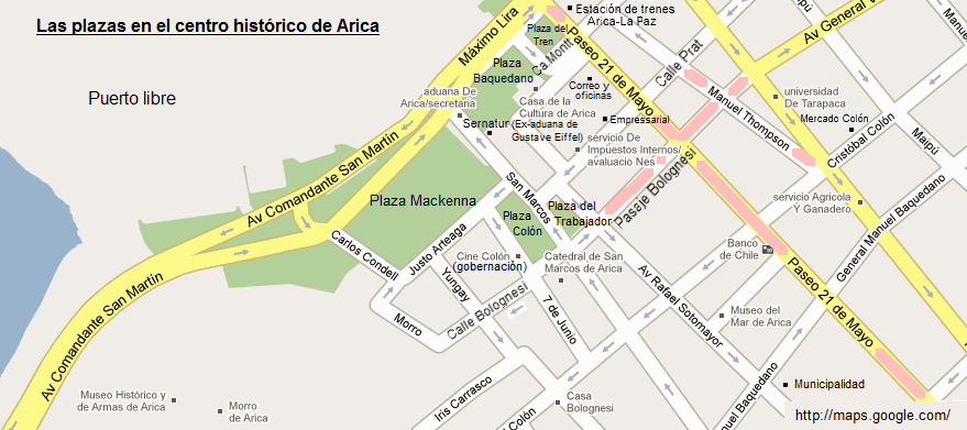 El
                          mapa con las plazas en el centro hist�rico de
                          Arica