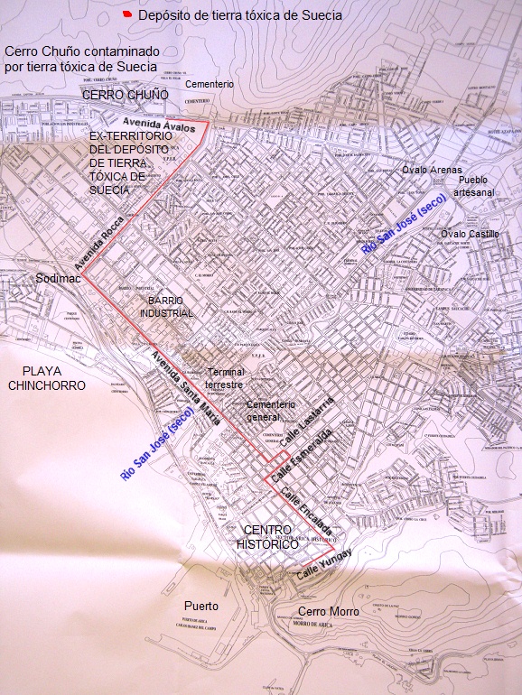 Plan von Arica mit dem Spaziergang
                              vom historischen Zentrum zum Kartoffelberg
                              (Cerro Chu�o)