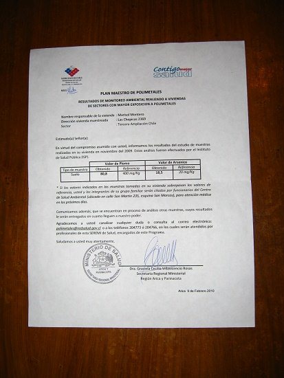 Certificado de plomo de
                        Marisol Montero