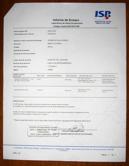 Certificado de ars�nico de
                        Carla Calder�n Montero