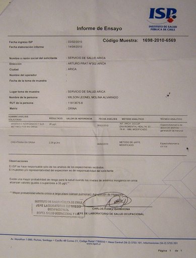 Certificado de Wilson Leonel Molina Alvarado con
              an�lisis de ars�nico y creatinina, primer plano