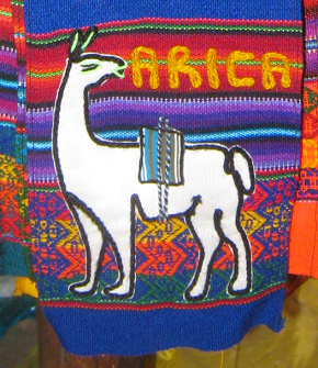 Calle Col�n, centro artesanal, tejido sobre
                Arica, una llama blanca