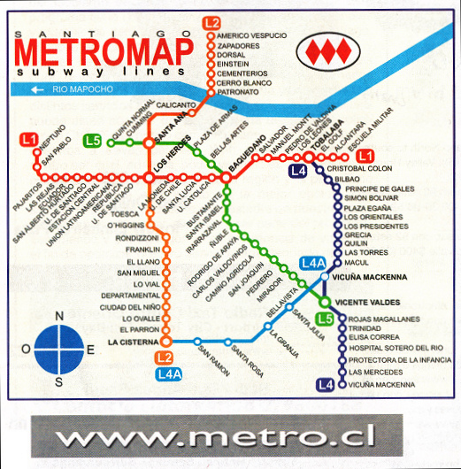 Mapa
                      de la red de las l�nes del tren subterr�neo
                      (metro) de Santiago de Chile