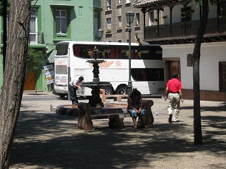 Brunnen mit Wassertrinker und Steinbank mit
                        Schw�ngen