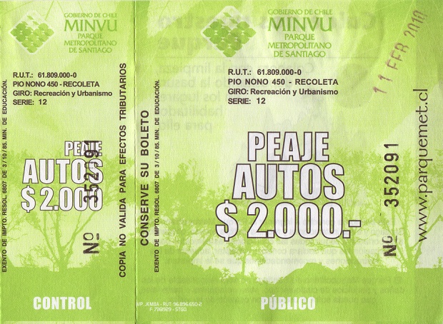 Mautquittung �ber 2000 chilenische Pesos
                          (ca. 4 "US"-Dollar)