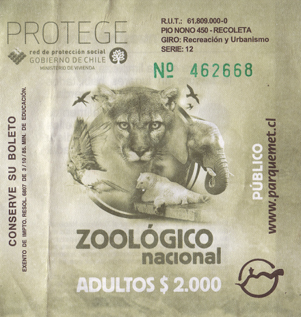 Die
                          Eintrittskarte f�r den Zoo in Santiago de
                          Chile, Eintrittspreis 2000 Chilenische Pesos
                          (4 Dollar)