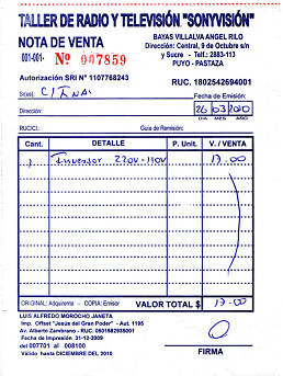 Recibo para un inversor de corriente de 220
                        Volt - 110 Volt para equipos electr�nicos del
                        extranjero. En Ecuador el corriente tiene 110
                        Volt.