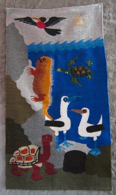 Wandteppich mit Galapagos-Motiven: Vogel,
                          Leguan, Mwen und Schildkrten, Nahaufnahme