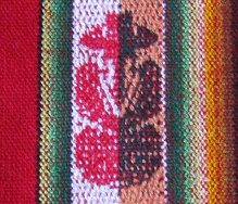 Tischdeckenmuster-Detail, Frau in
                                  Rot