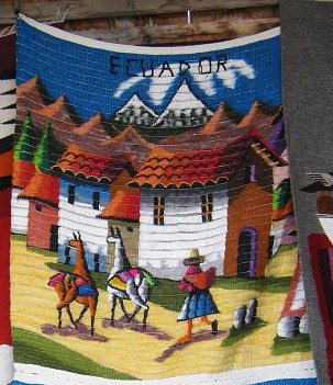 Wandbehang mit Sierra-Bergdorf, zwei
                          Vulkanen, zwei Lamas und einer Frau