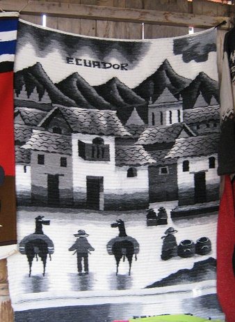 Wandteppich mit einem Sierra-Bergdorf,
                          mit Vulkanen und Lamas in Schwarz-Weiss