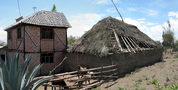 Bauernhof ohne Dach, aber mit Tierhaltung
                          mit Zaun ohne Pflock, Panoramafoto