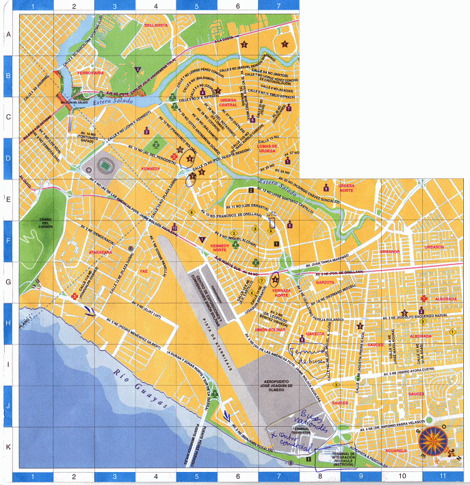 Stadtplan von Guayaquil, Nordteil mit
                          Flughafen, der Metrobusstation "Terminal
                          Ro Daule" und dem nationalen und
                          internationalen Busbahnhof "Terminal
                          Terrestre"
