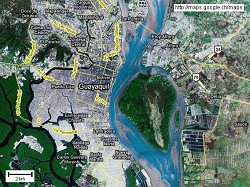 Die Insel Pun� im Guayas-Fluss
                                  neben Guayaquil (ca. 6 mal 4 km
                                  gross), Satellitenfoto