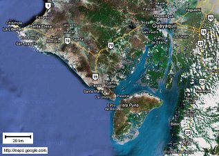 Das Satellitenfoto des Golfs
                                    von Guayaquil mit der Insel Pun�.
                                    Hier sieht die Insel etwas kleiner
                                    aus, das Schw�nzchen existiert
                                    scheinbar nicht, oder nicht mehr
                                    [11].