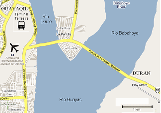 Guayaquil-Duran, die "Brcke der
                            nationalen Einheit", Karte von google
                            maps, ergnzt von Michael Palomino
                            (Flughafen, Busbahnhof "Terminal
                            Terrestre", Daule-Fluss,
                            Babahoyo-Fluss, Guayas-Fluss, Duran)