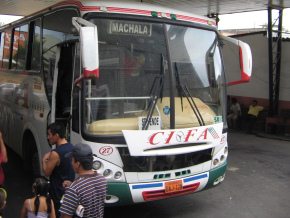 Machala, Busterminal von CIFA,
                                    die Front eines CIFA-Bus mit dem
                                    Schild "Machala"