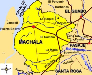 Karte mit Machala, der Hafenstadt
                            Puerto Bolvar und der Insel Jambeli