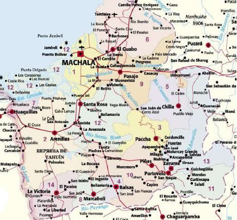 Karte mit der Region zwischen
                                  Machala und Huaquillas