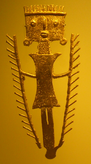 Mittlere Tolima-Kultur: ausserirdischer
                Gott mit rechteckigem Kopf, Antennen, Kugelaugen und
                zwei Szeptern
