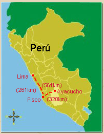Karte von
                    Per� mit dem Departement Ayacucho (Lima-Pisco:
                    261km, Pisco-Ayacucho 320km, total 561km)