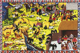 Sarhua, bemalte Tafel mit Landschaft und
                          Szenen des Alltags