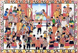 Sarhua, bemalte Tafel mit einem
                          Musikfest