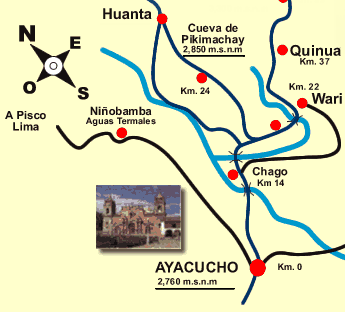 Karte mit Ayacucho, Piqimachay / Pikimachay,
                      Wari / Huari, Quinua und Huanta