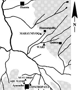 Karte mit Ayacucho - Huari/Wari - Quinua
                          mit Flusssystem