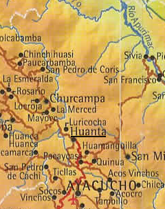 Karte Ayacucho-Huanta mit Relief
                        und Flusssystem