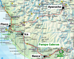 Karte Ayacucho-Pampas Galeras, nationales
                        Reservat mit Vikunias