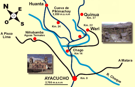 Karte mit Ayacucho,
                      Piqimachay, Wari / Huari, Quinua und Huanta