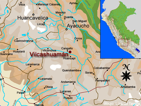 Mapa
                          con las posiciones de Ayacucho y Vilcashuamn