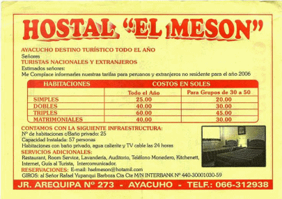 Ayacucho: Hostal El Mesn, Flugblatt,
                        Preise